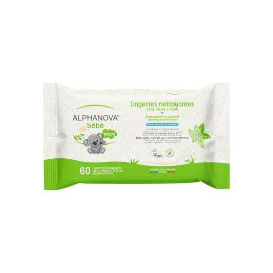 Pack of Alphanova Bébé Bio biodegradable cleansing wipes with a resealable lid and organic certification labels.