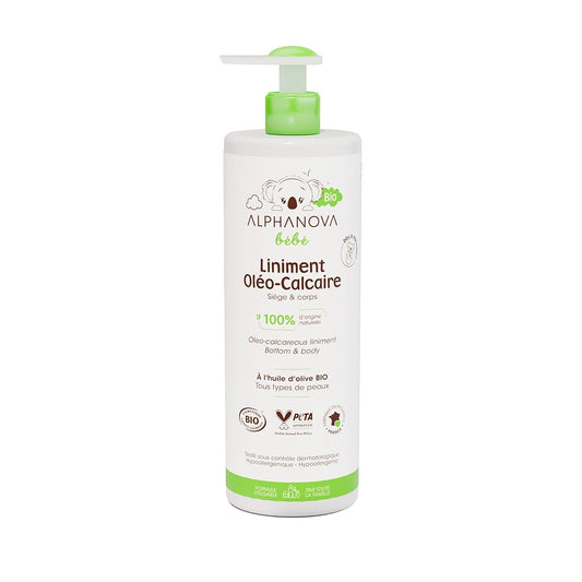 Bottle of Alphanova Bébé Bio Liniment Oléo-Calcaire, a natural olive oil-based diaper area cleanser.