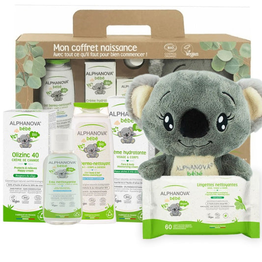 Alphanova Bébé Bio Newborn Gift Set featuring five organic skincare bottles and a grey koala plush toy in a gift box.