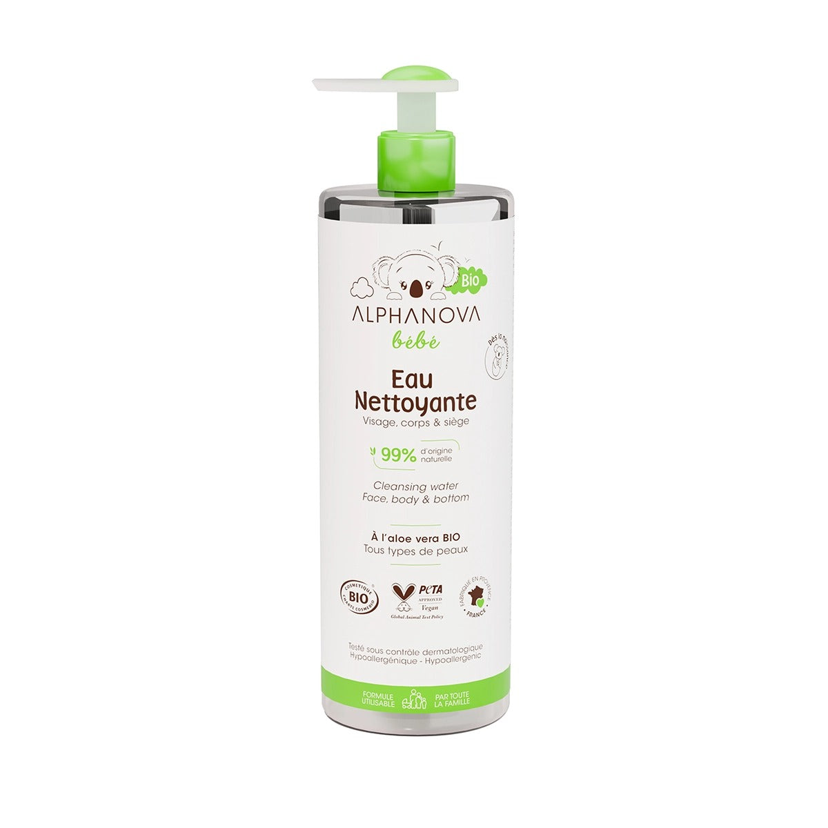 Alphanova Bébé Bio Cleansing Water pump bottle featuring organic and natural certification labels.