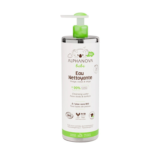 Alphanova Bébé Bio Cleansing Water pump bottle featuring organic and natural certification labels.