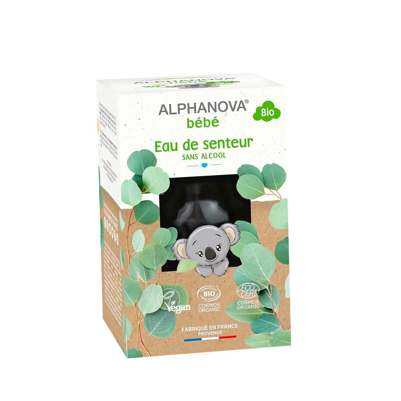 Bottle of Alphanova Bébé Bio Organic Scented Water featuring a cute koala design and organic certification.