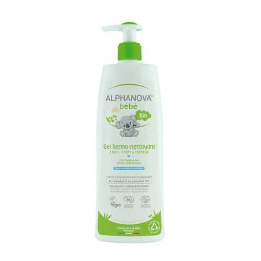 Alphanova Bebe Bio 2-in-1 Dermo-Cleansing Gel for hair and body in a recyclable bottle from Babybuzz Lebanon.