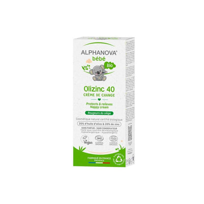 Alphanova Bio Olizinc 40 Nappy Cream with 40% zinc oxide and organic olive oil for diaper rash protection, available at BabyBuzzLebanon