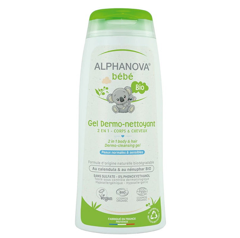 A bottle of Alphanova Dermo-Cleansing Gel with green and white labeling, indicating it is a baby cleansing product.-Babybuzz Lebanon