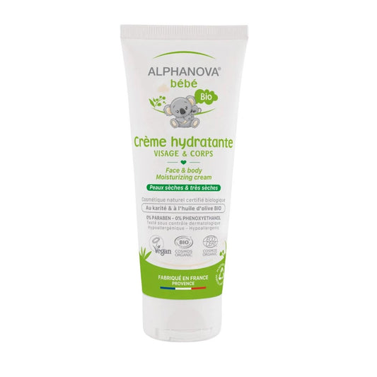 Alphanova Organic Moisturizing Baby Face and Body Cream for sensitive skin, featuring organic olive oil and shea butter, available at BabyBuzz Lebanon.