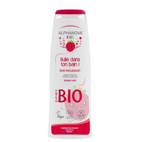 Alphanova Kids Organic Foaming Bath bottle featuring bubbles and strawberry illustrations.