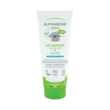 Tube of Alphanova Moisturizing Milk for babies, with organic olive oil and sweet almond oil, green and white packaging.