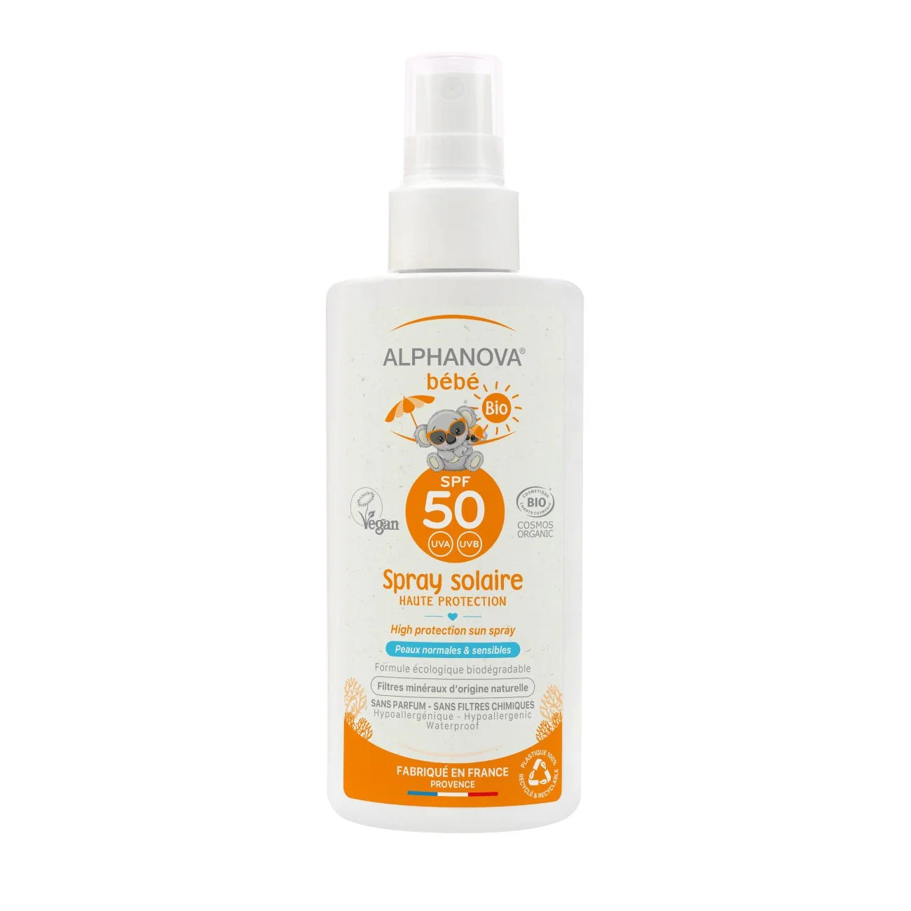 Alphanova Organic Baby Sunscreen Spray SPF 50 with mineral filters and waterproof protection, eco-friendly and reef-safe, available at BabyBuzz Lebanon 