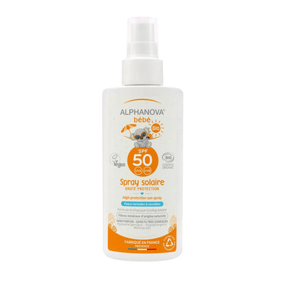 Alphanova Organic Baby Sunscreen Spray SPF 50 with mineral filters and waterproof protection, eco-friendly and reef-safe, available at BabyBuzz Lebanon 