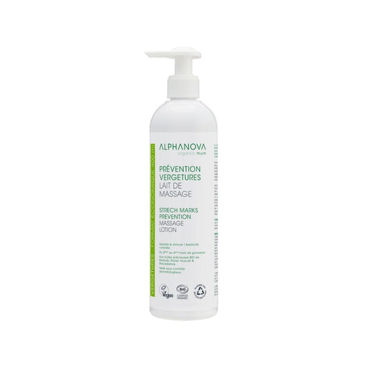 Large 400ml pump bottle of Alphanova Santé Organic Mum Stretch Marks Prevention Massage Lotion.