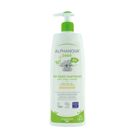 Alphanova Organic Nourishing Washing Gel for baby hair and body, soap-free formula with Shea Butter and Aloe Vera, available at BabyBuzz.