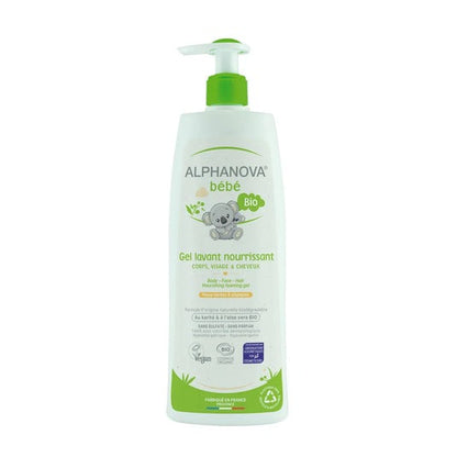 Alphanova Organic Nourishing Washing Gel for baby hair and body, soap-free formula with Shea Butter and Aloe Vera, available at BabyBuzz.