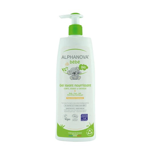 Alphanova Organic Nourishing Washing Gel for baby hair and body, soap-free formula with Shea Butter and Aloe Vera, available at BabyBuzz.