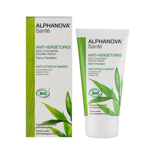 Tube of Alphanova Santé Organic Anti-Stretch Marks Cream, a double-action treatment for skin elasticity.