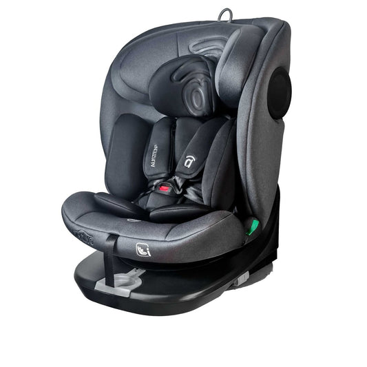 Grey Asalvo Austen 2 i-Size car seat showing the 360-degree rotation feature and ISOFIX connectors.