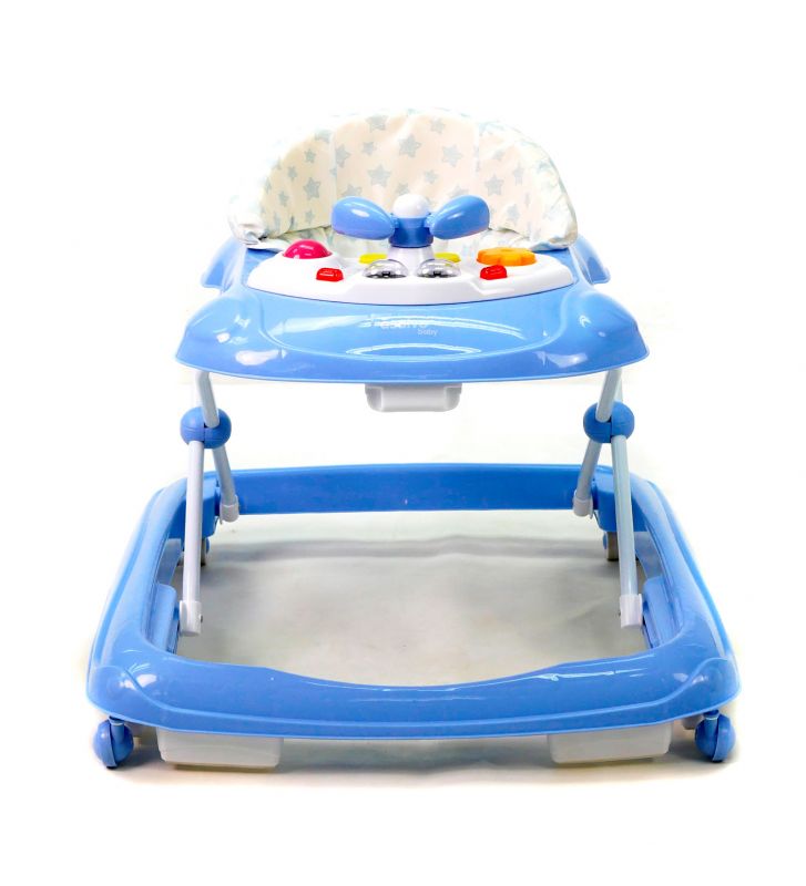 Light blue Asalvo Baby Stars walker with interactive toy tray and musical foot panel.