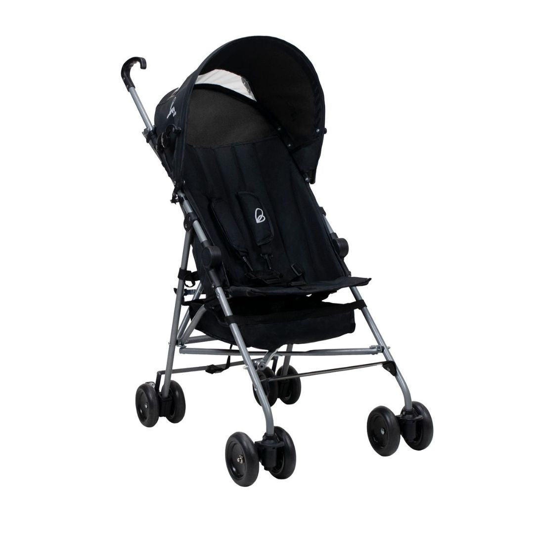 Black Asalvo Enzo lightweight umbrella stroller with 5-point harness and storage basket.
