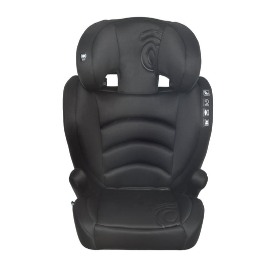Black Asalvo Xtreme i-Size car seat showing the removable backrest and foldable travel feature.