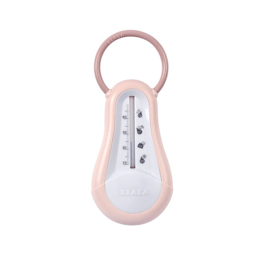 Pink thermometer with a keychain on a white background