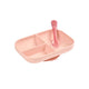 Pink divided plate with a matching spoon on a white background