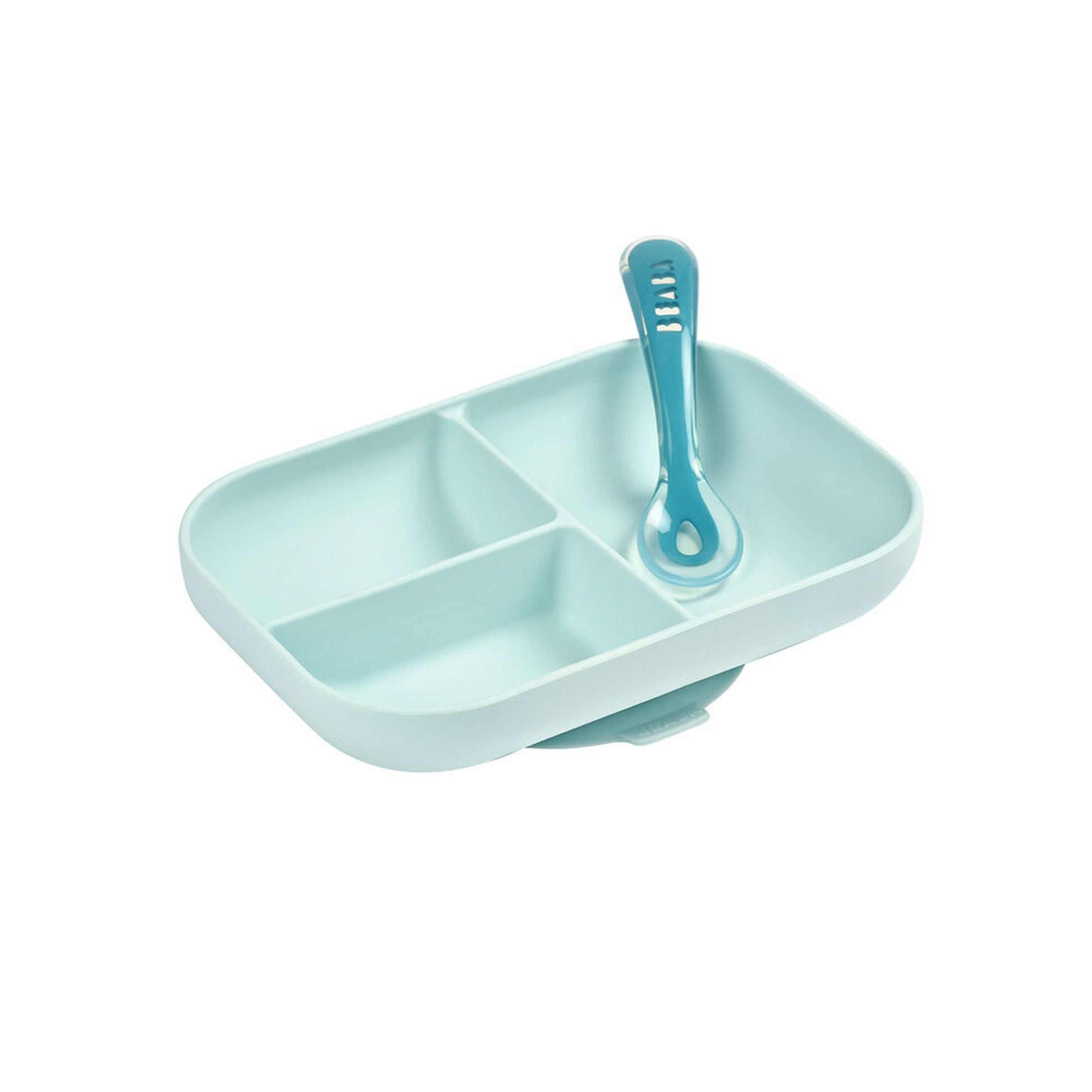 Light blue divided plate with a matching spoon on a white background