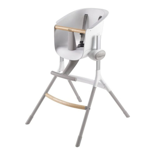 White and gray high chair with wooden accents on a white background
