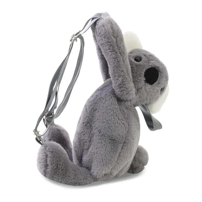 A soft, gray plush koala-shaped backpack by BabyJem, featuring an adorable face and adjustable shoulder straps.