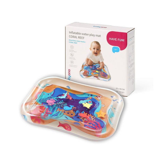 A blue BabyOno water-filled play mat showing floating foam sea creatures and a baby practicing tummy time.