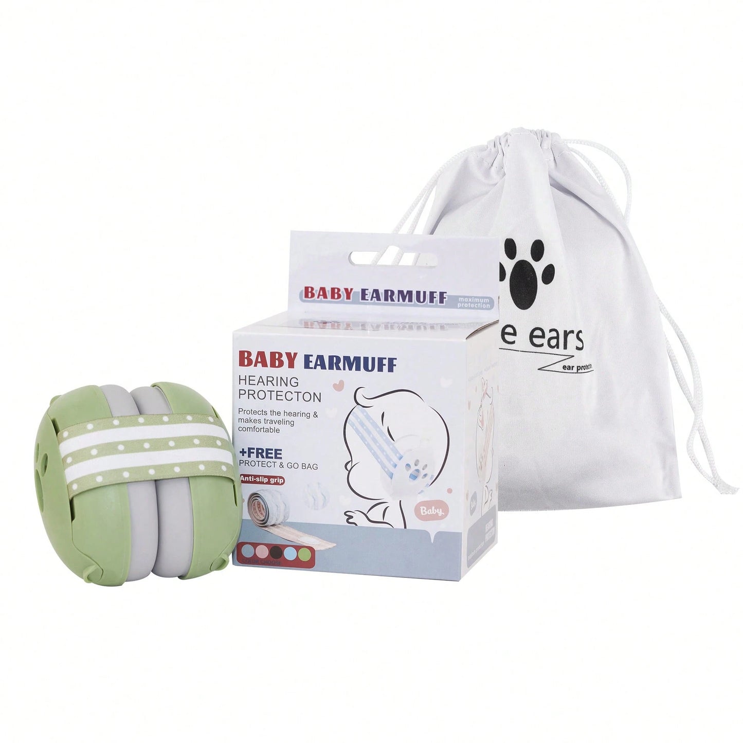 Green baby noise protection earmuffs with a soft, adjustable forest-themed elastic headband and high-quality padded ear cups.