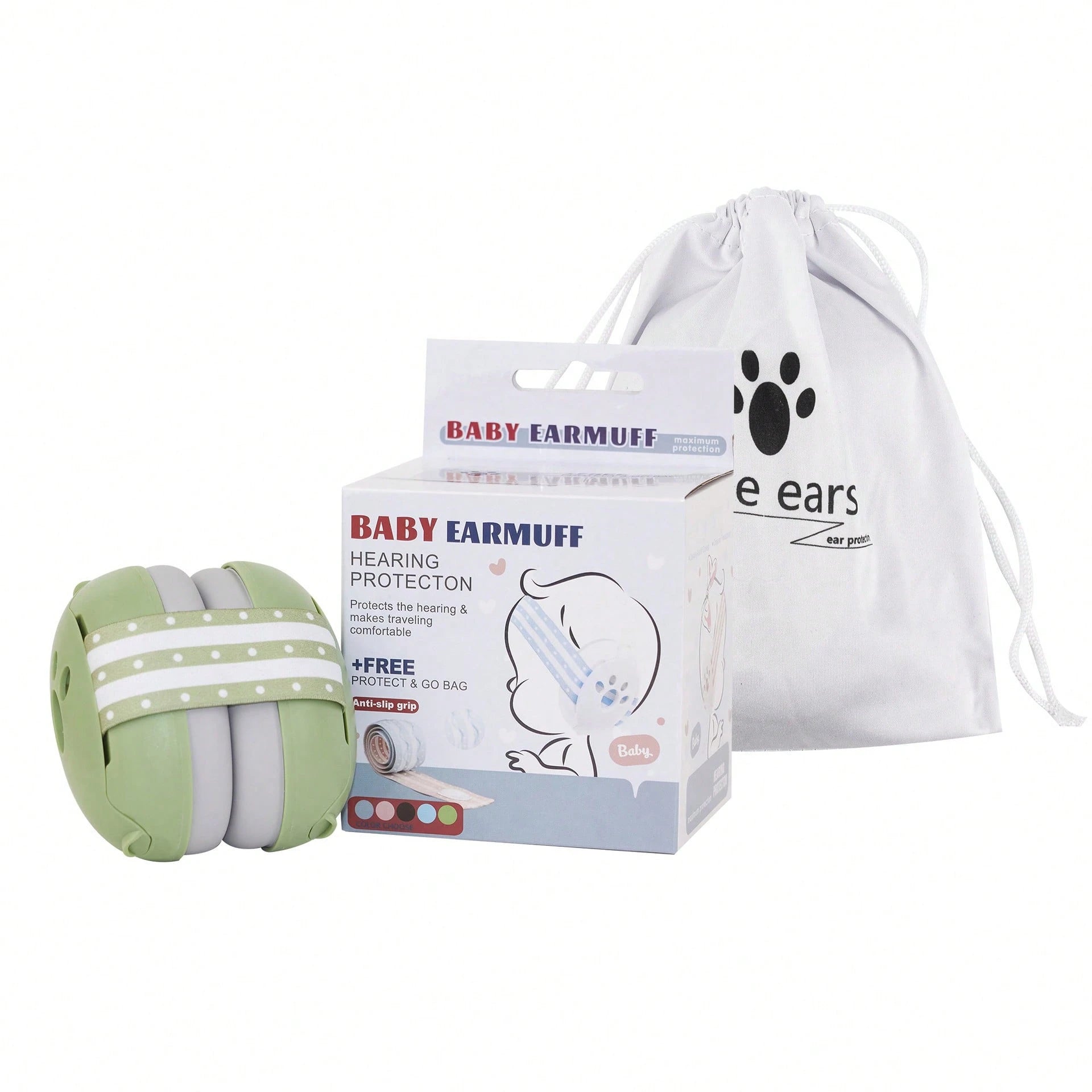 Green baby noise protection earmuffs with a soft, adjustable forest-themed elastic headband and high-quality padded ear cups.