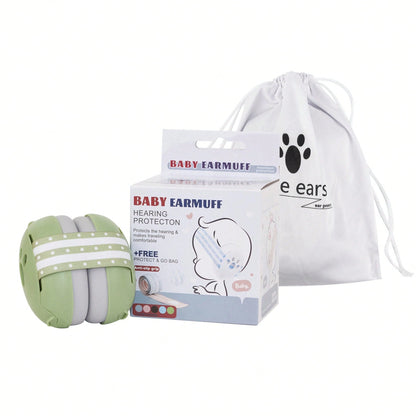 Green baby noise protection earmuffs with a soft, adjustable forest-themed elastic headband and high-quality padded ear cups.