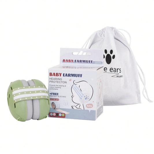 Green baby noise protection earmuffs with a soft, adjustable forest-themed elastic headband and high-quality padded ear cups.