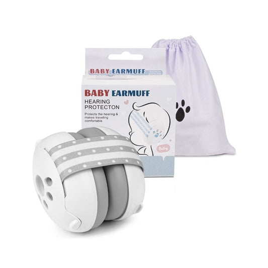 Modern grey baby ear protection headphones with a soft, adjustable charcoal-grey elastic headband and high-density foam ear cups.