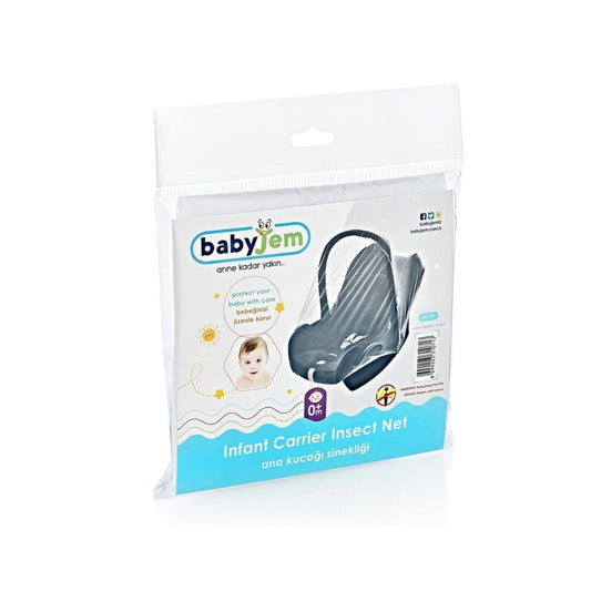 Babyjem fine-mesh mosquito net stretched over an infant baby carrier to protect against insects.