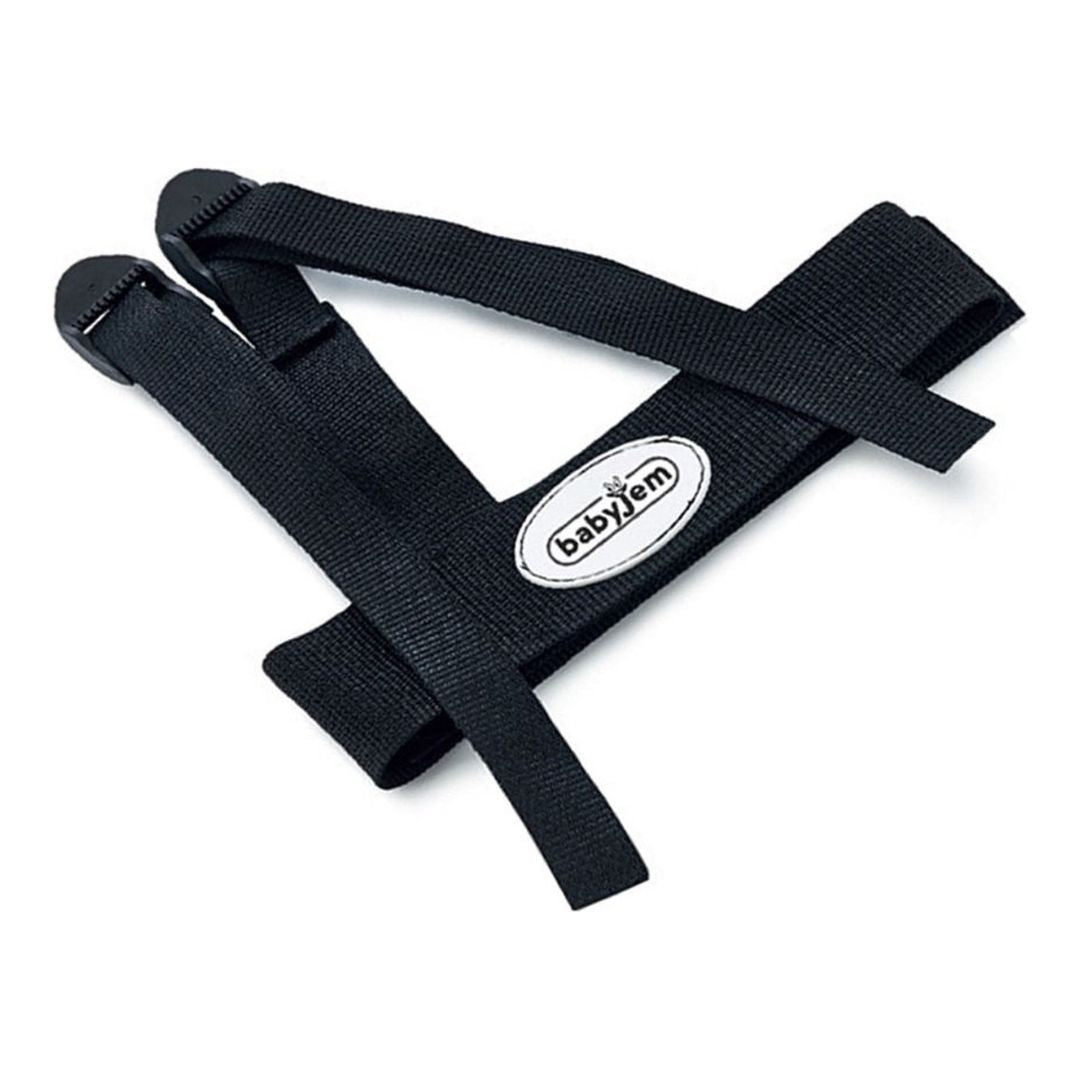 Black baby seat strap with 'babystar' logo on a white background