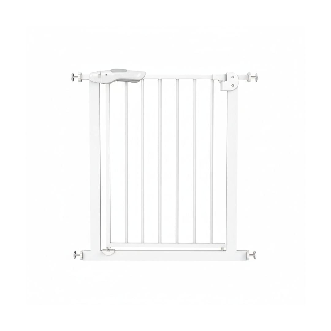 White Babyjem Door Gate installed in a doorway, showing the secure pressure-mounting and easy-open handle.