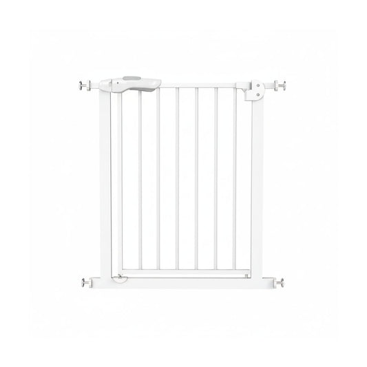 White Babyjem Door Gate installed in a doorway, showing the secure pressure-mounting and easy-open handle.