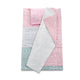 Stack of folded baby blankets with pink, gray, and green patterns on a white background