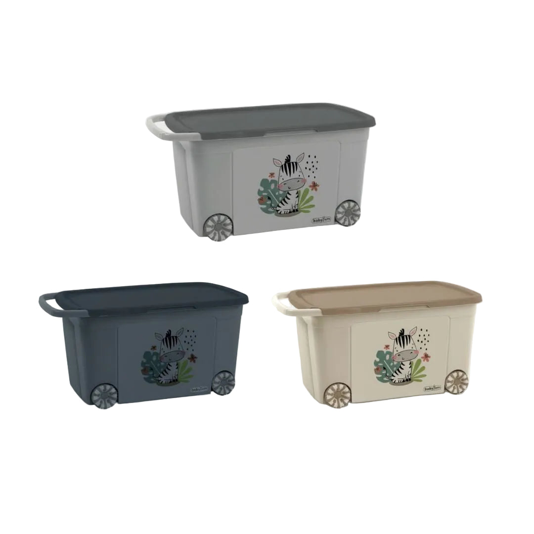 Babyjem plastic toy box in a bright color filled with plush toys and building blocks in a modern playroom setting.