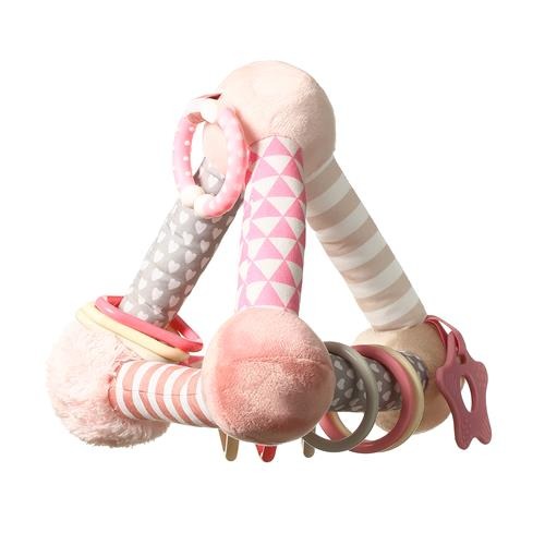 Baby rattle toy with pink, gray, and striped patterns on a white background-BabyBuzz Lebanon
