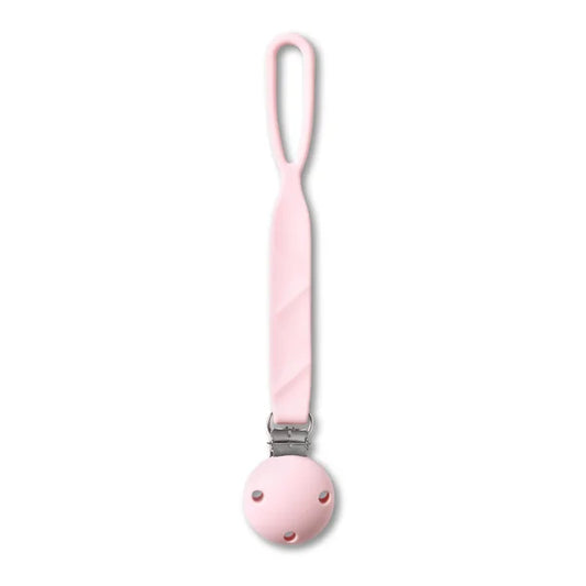 Soft pink Babyono silicone pacifier holder with a secure clothing clip and flexible strap.