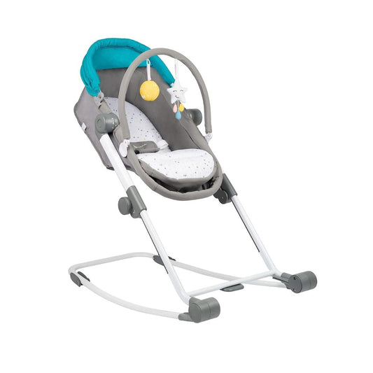 Badabulle Compact Relax 4-in-1 baby bouncer and rocker in the upright meal position with activity arch.