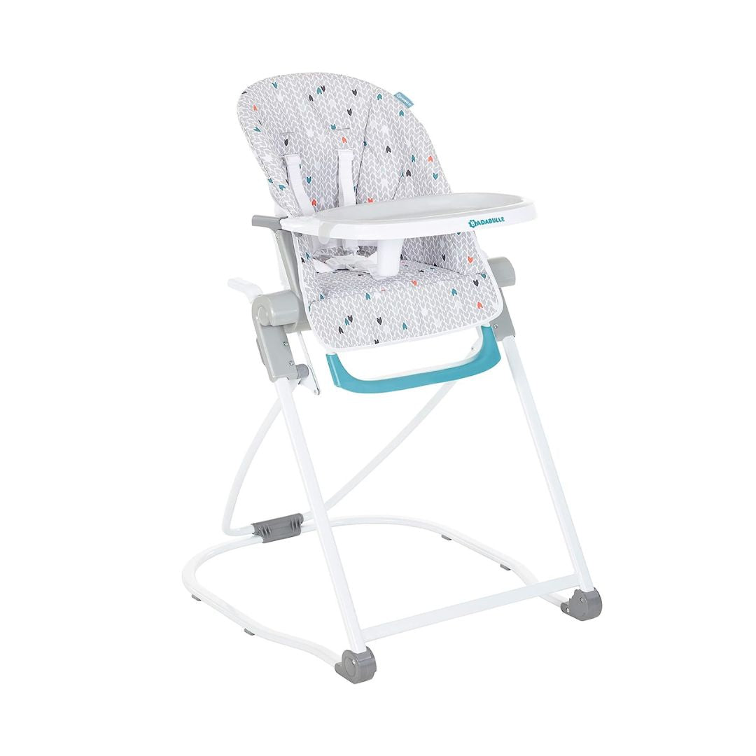 Badabulle Ultra-Foldable high chair in a compact folded position and fully open for mealtime.