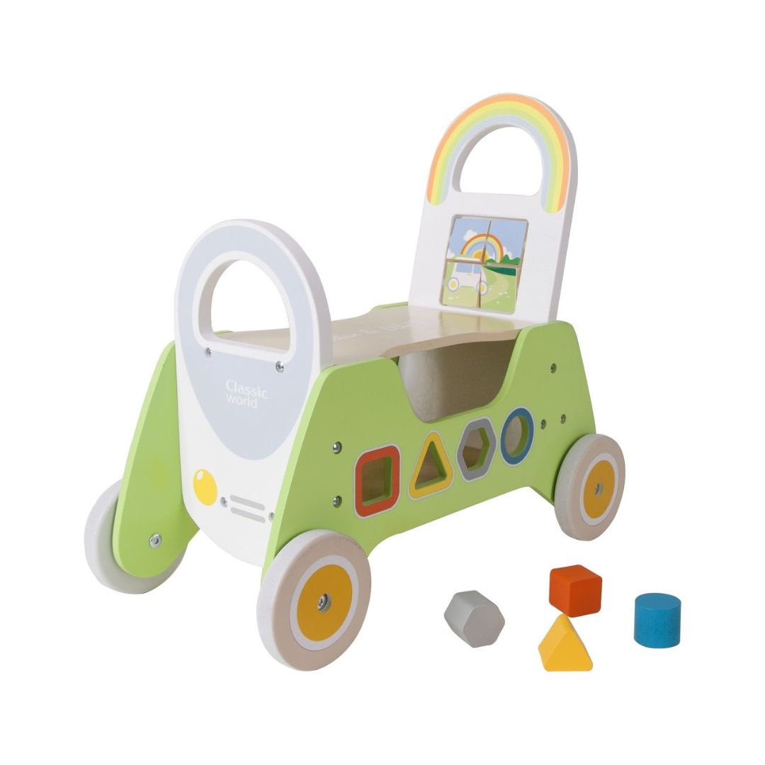 Classic World Learning Pram 2in1 wooden baby walker front view
Baby using Classic World Learning Pram 2in1 walker indoors
Wooden baby walker with activity puzzle and spinning wheels
Classic World 2in1 learning pram safe rounded edges detail
Toddler pushing Classic World Learning Pram 2in1 for first steps