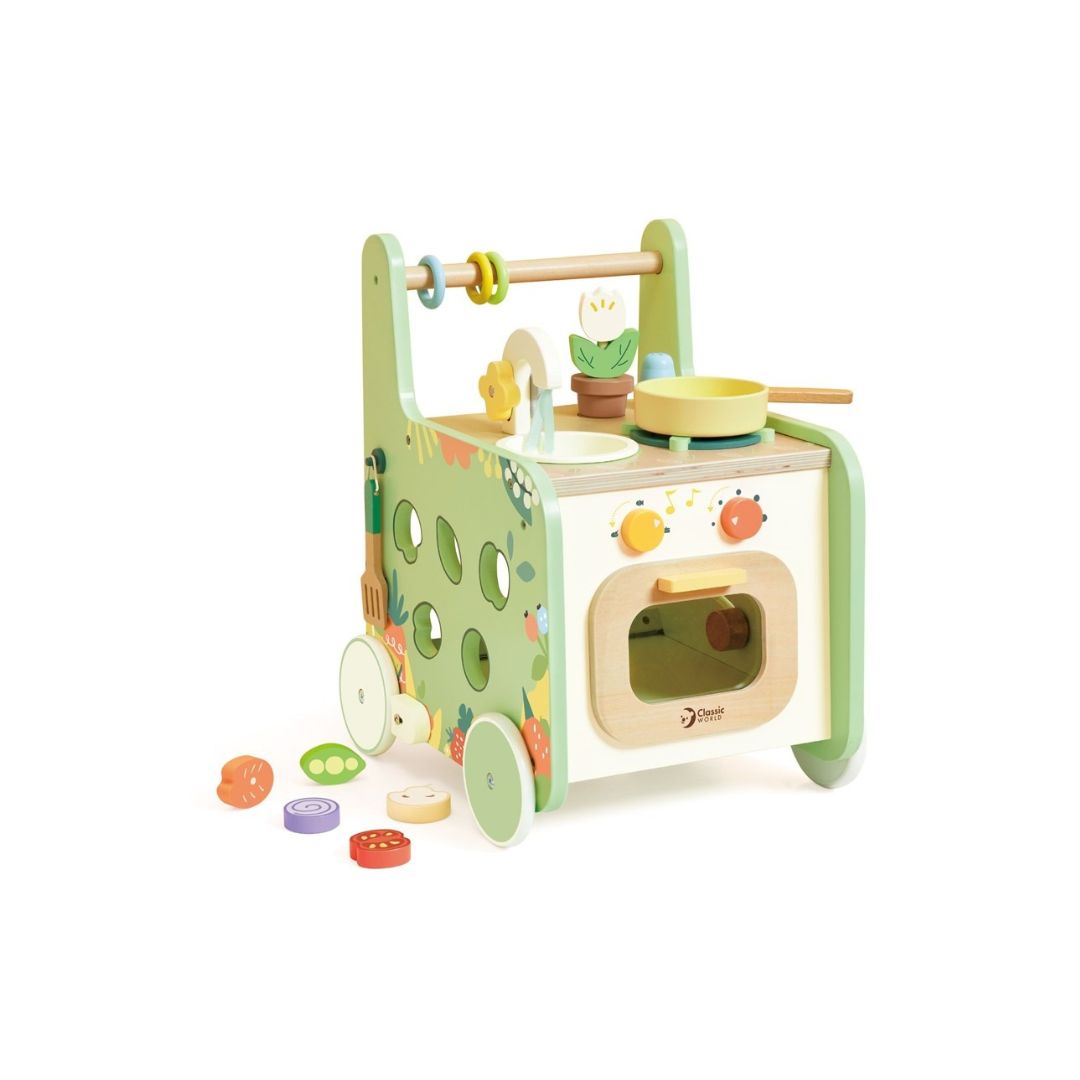 Classic World Wooden Kitchen Walker baby walker with play kitchen
Toddler playing with wooden kitchen walker and accessories
Wooden baby walker with sink stove and oven play set
Classic World kitchen walker safe edges detail
Child using Classic World Wooden Kitchen Walker indoors