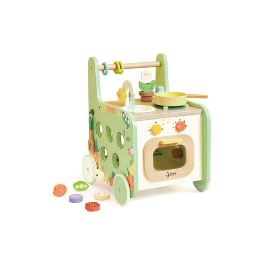 Classic World Wooden Kitchen Walker baby walker with play kitchen
Toddler playing with wooden kitchen walker and accessories
Wooden baby walker with sink stove and oven play set
Classic World kitchen walker safe edges detail
Child using Classic World Wooden Kitchen Walker indoors