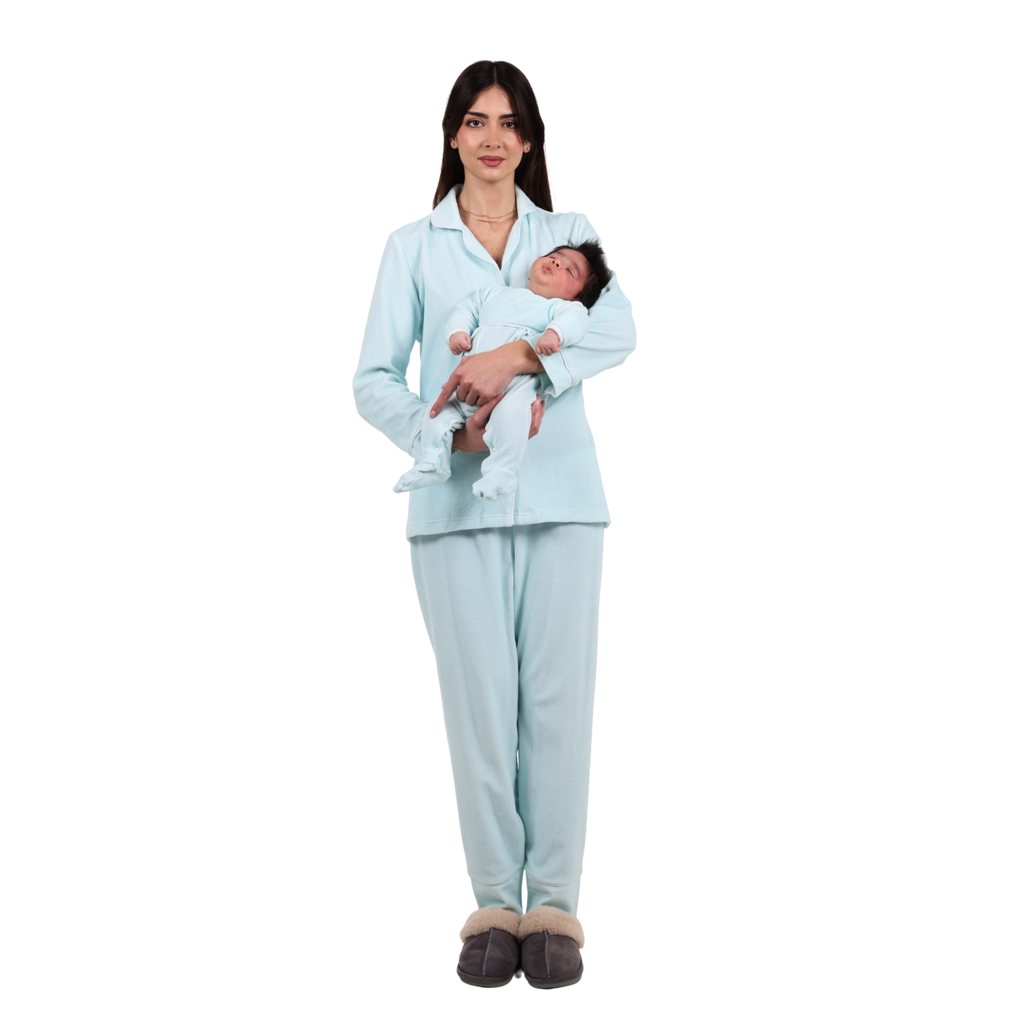 Babybuzz green velvet matching mommy and me pajama set with dot print, featuring size small nursing-friendly pajamas and newborn sleepsuit.