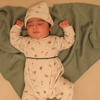 Babybuzz beige velvet matching mommy and me pajama set (Size Medium) with leaf print, featuring 100% cotton nursing pajamas and newborn sleepsuit.