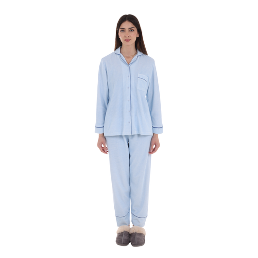 Babybuzz soft blue velvet matching mommy and me pajama set (Size Large) with dot print, featuring nursing-friendly pajamas and newborn sleepsuit.